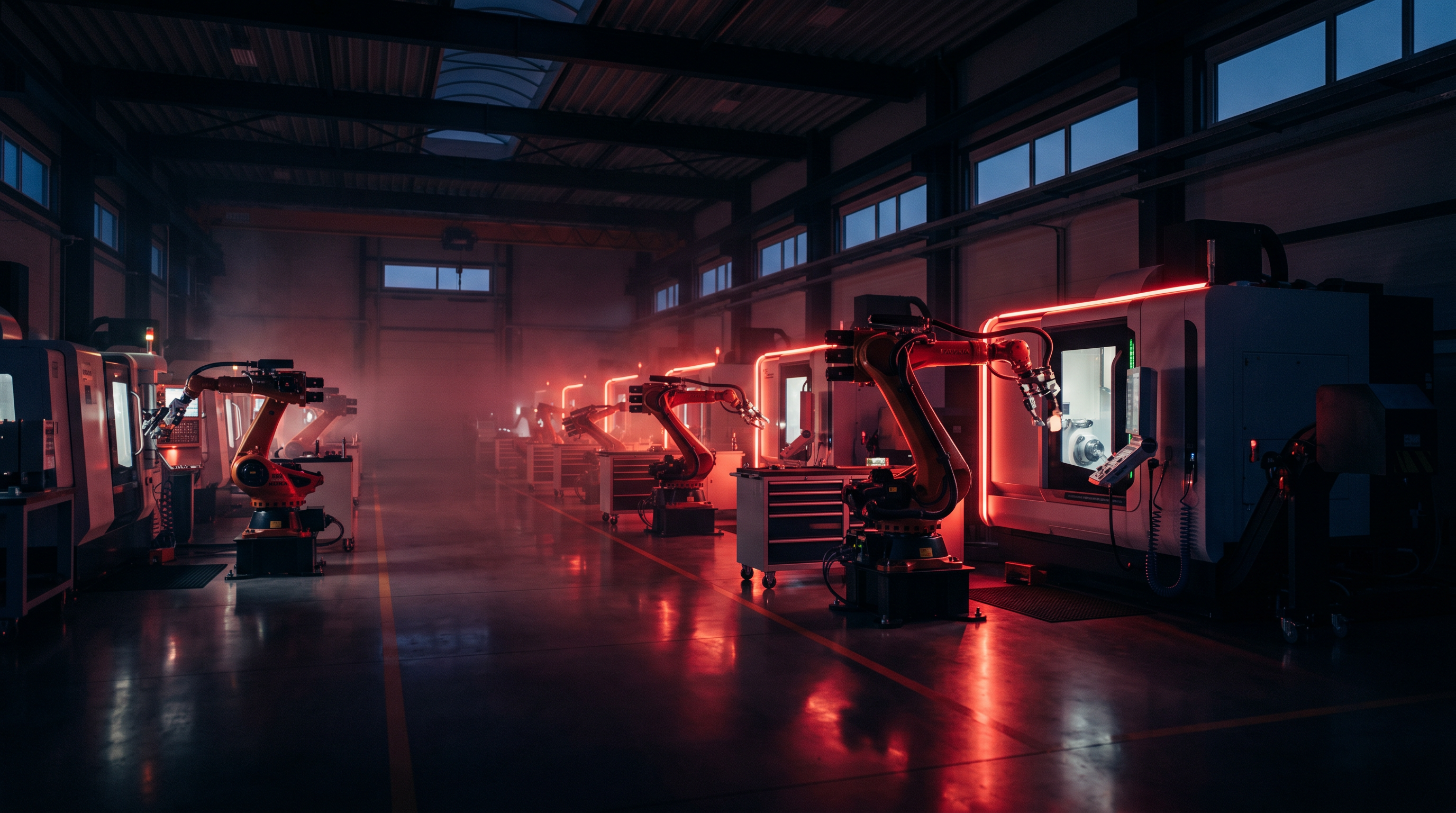 Advanced manufacturing facility lit with crimson light at dusk