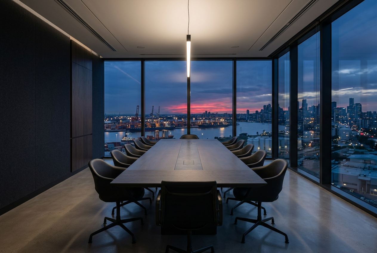 Executive boardroom overlooking an industrial port at dusk