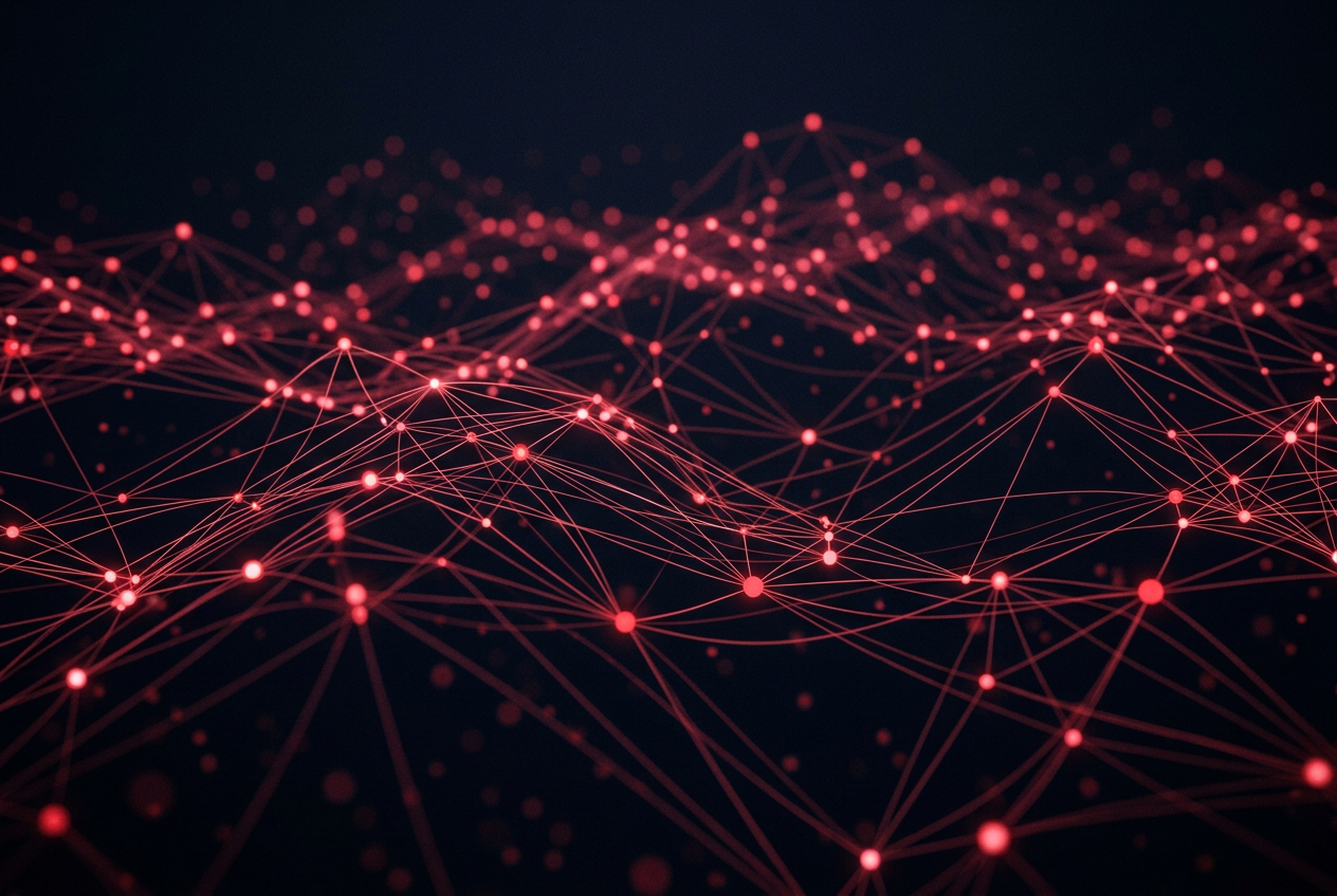 Network of connected automation nodes glowing in crimson light